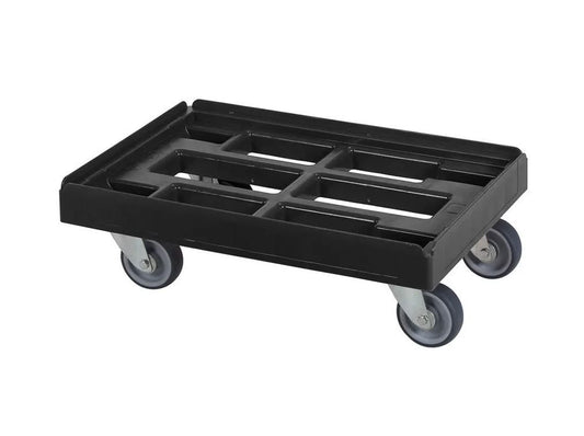 Onderstel Transoplast kunststof  600 x 400 mm – gegalvaniseerde gaffels – nylon / PU wielen – zwart