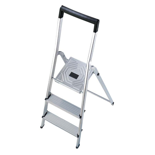 Huishoudtrap Hailo L40 3 tredes Aluminium huishoudtrap met kunststof veiligheidsbalk en geintegreerde emmerhaak