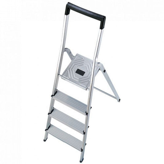 Huishoudtrap Hailo L40 4 tredes Aluminium huishoudtrap met kunststof veiligheidsbalk en geintegreerde emmerhaak