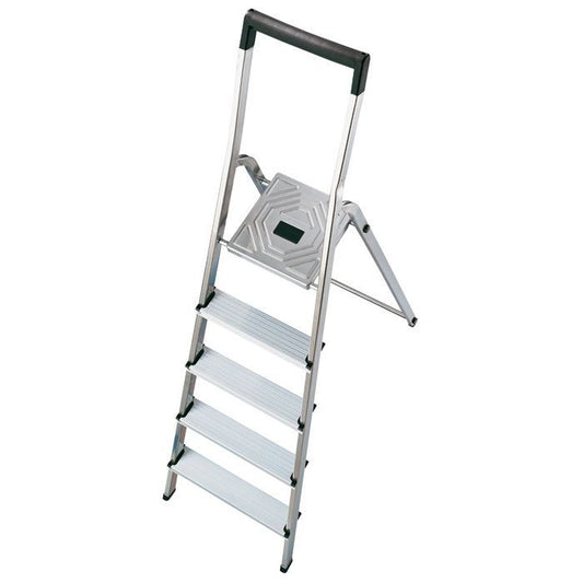 Huishoudtrap Hailo L40 5 tredes Aluminium huishoudtrap met kunststof veiligheidsbalk en geintegreerde emmerhaak