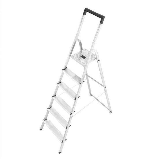 Huishoudtrap Hailo L40 6 tredes Aluminium huishoudtrap met kunststof veiligheidsbalk en geintegreerde emmerhaak