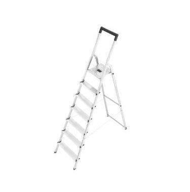 Huishoudtrap Hailo L40 7 tredes Aluminium huishoudtrap met kunststof veiligheidsbalk en geintegreerde emmerhaak